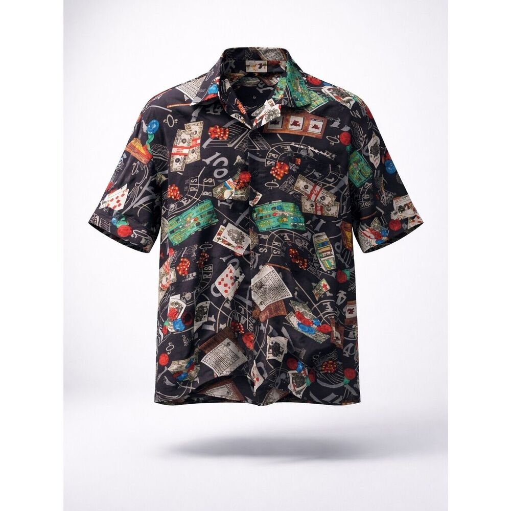 Black Casino-Print Short Sleeve Button-Down Shirt